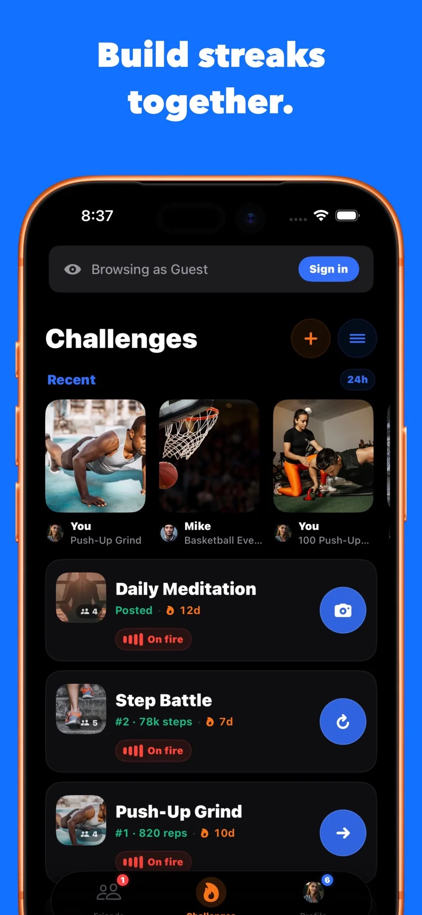 ChitYap challenges screen: “Build streaks together.”
