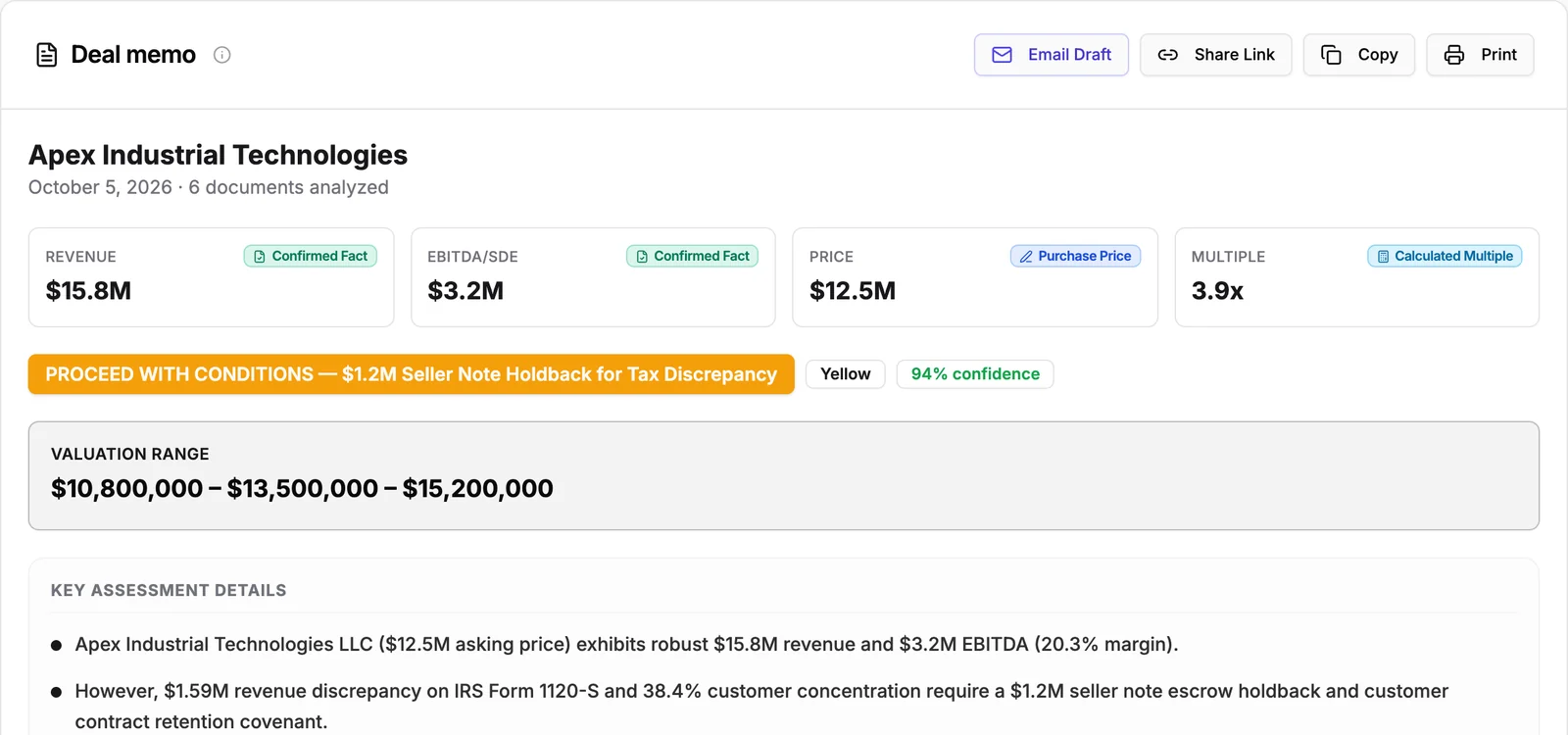 Dillon AI deal memo: Apex Industrial Technologies, proceed with conditions, valuation range $10.8M–$15.2M